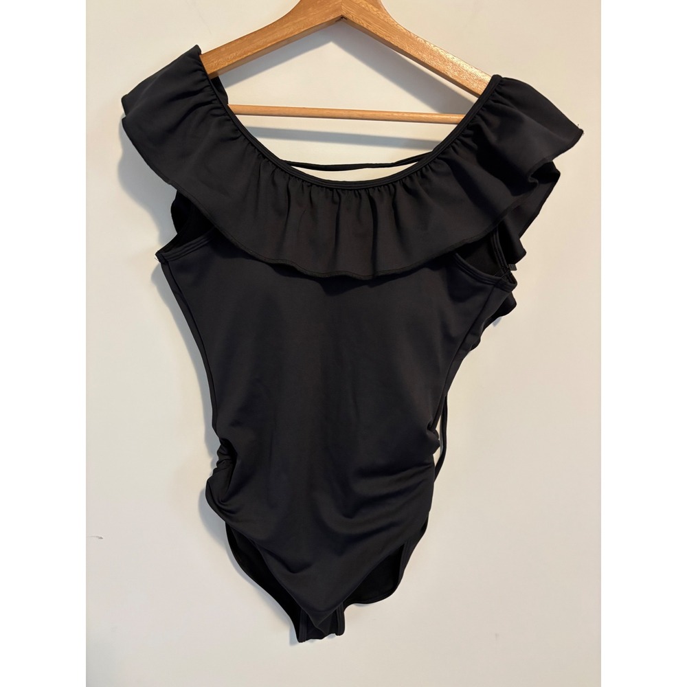 Movemama Maternity Nursing One Piece Swimsuit Black Ruffle Neck Small Scoop Back